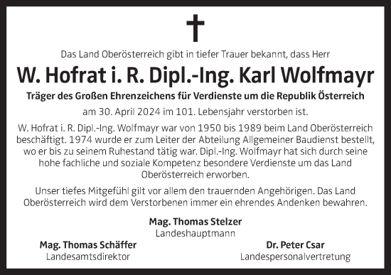 Traueranzeige von Karl Wolfmayr von OÖNachrichten