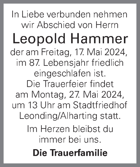 Traueranzeige von Leopold Hammer von OÖNachrichten
