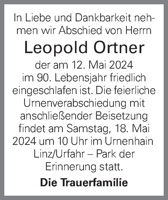 Traueranzeige von Leopold Ortner von OÖNachrichten