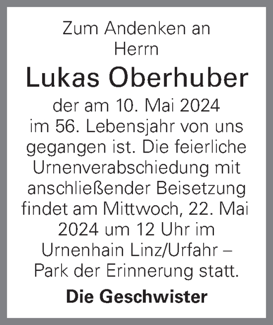 Traueranzeige von Lukas Oberhuber von OÖNachrichten