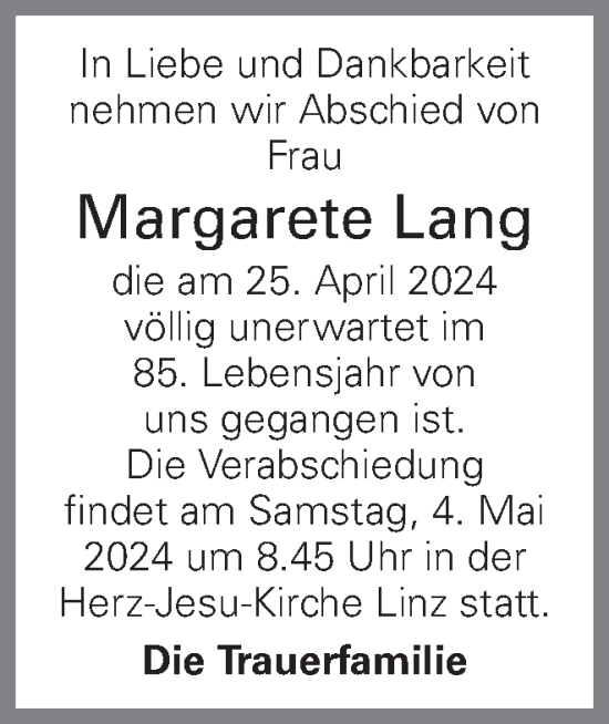 Traueranzeige von Margarete Lang von OÖNachrichten