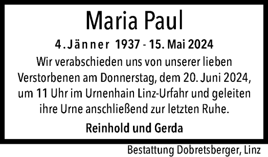 Traueranzeige von Maria Paul von OÖNachrichten