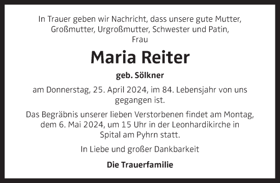 Traueranzeige von Maria Reiter von OÖNachrichten