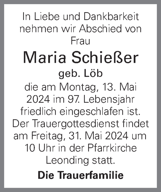 Traueranzeige von Maria Schießer von OÖNachrichten