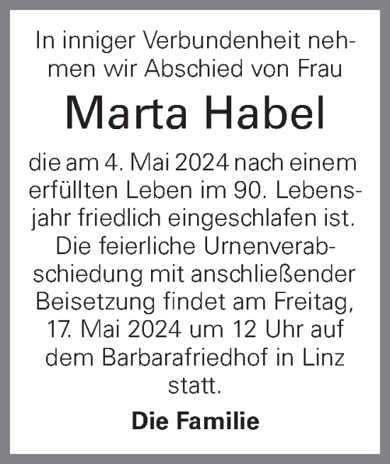 Traueranzeige von Marta Habel von OÖNachrichten