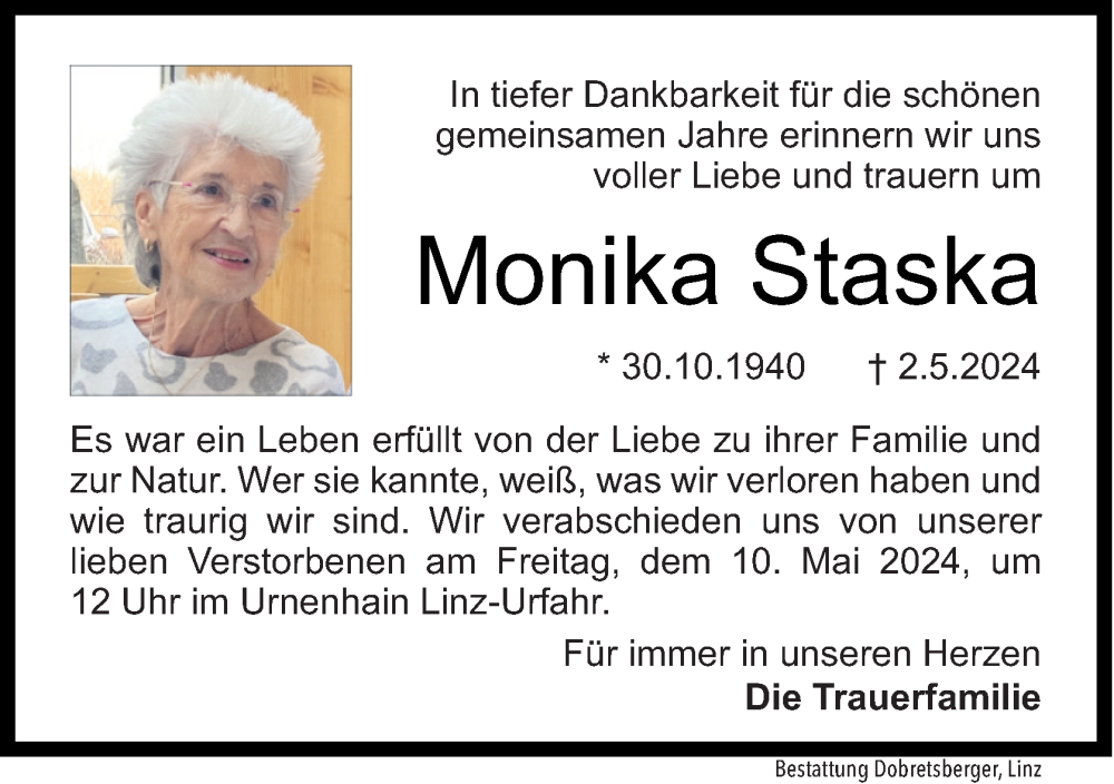  Traueranzeige für Monika Staska vom 06.05.2024 aus OÖNachrichten