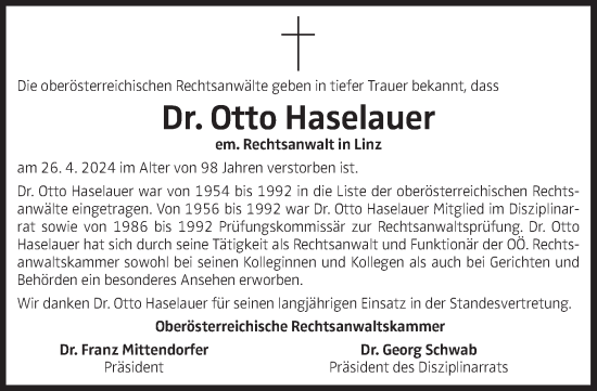 Traueranzeige von Otto Haselauer von OÖNachrichten