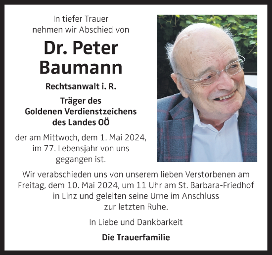 Traueranzeige von Peter Baumann von OÖNachrichten