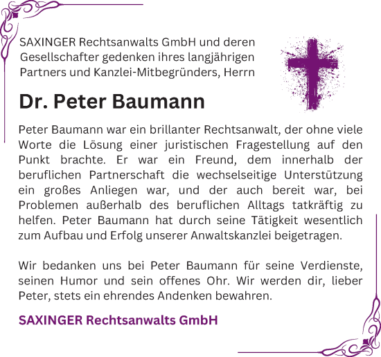 Traueranzeige von Peter Baumann von OÖNachrichten