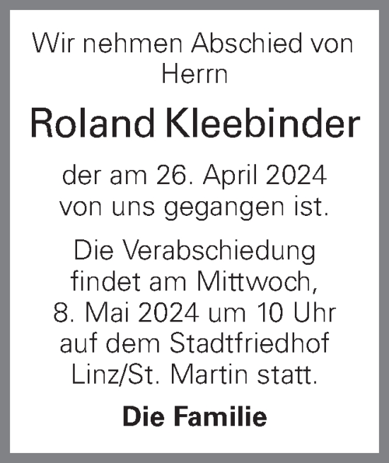 Traueranzeige von Roland Kleebinder von OÖNachrichten