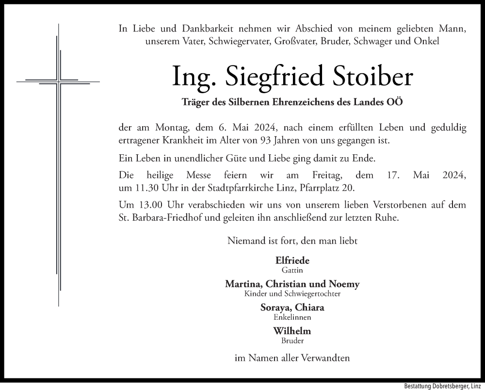  Traueranzeige für Siegfried Stoiber vom 08.05.2024 aus OÖNachrichten