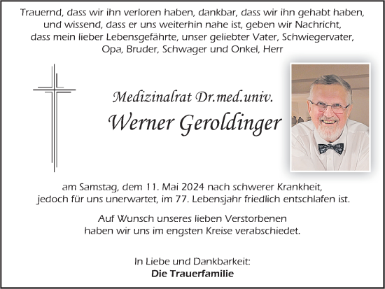 Traueranzeige von Werner Geroldinger von OÖNachrichten