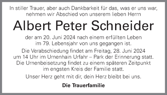 Traueranzeige von Albert Peter Schneider von OÖNachrichten