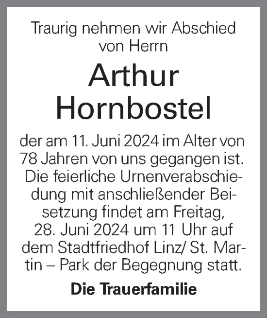 Traueranzeige von Arthur Hornbostel von OÖNachrichten