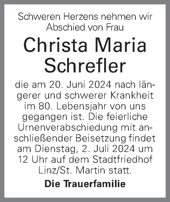 Traueranzeige von Christa Schrefler von OÖNachrichten