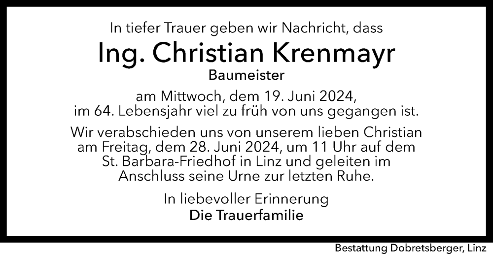  Traueranzeige für Christian Krenmayr vom 20.06.2024 aus OÖNachrichten