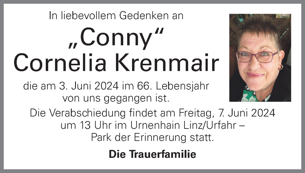  Traueranzeige für Cornelia Krenmair vom 05.06.2024 aus OÖNachrichten