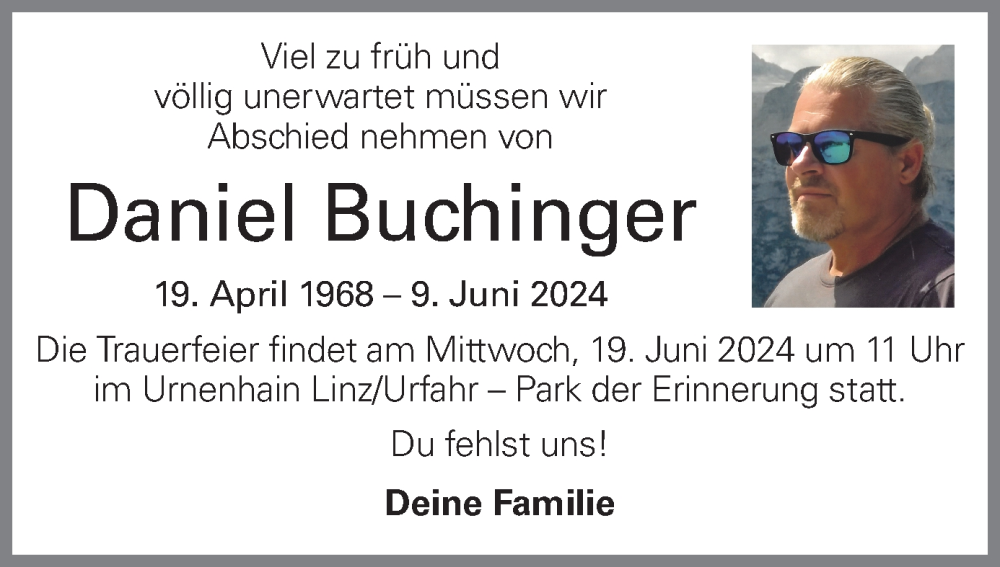  Traueranzeige für Daniel Buchinger vom 14.06.2024 aus OÖNachrichten