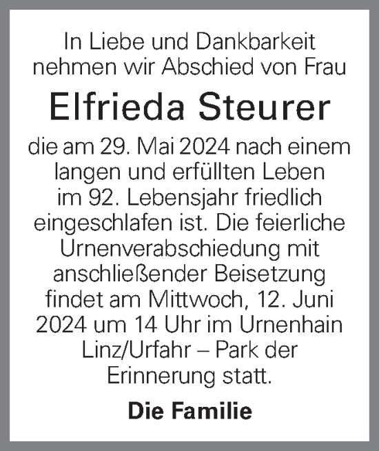 Traueranzeige von Elfrieda Steurer von OÖNachrichten