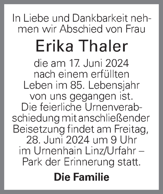 Traueranzeige von Erika Thaler von OÖNachrichten