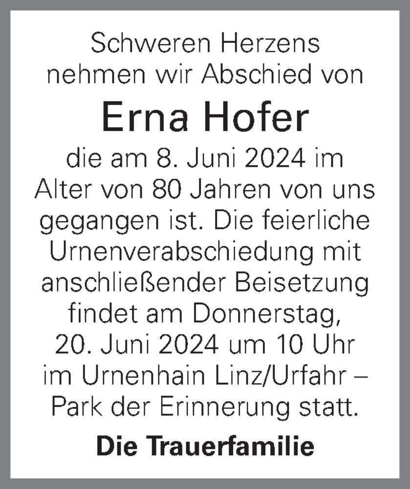  Traueranzeige für Erna Hofer vom 14.06.2024 aus OÖNachrichten