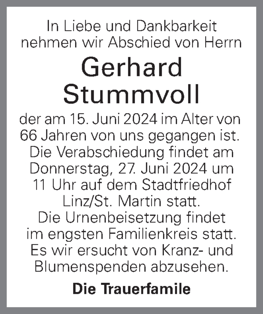  Traueranzeige für Gerhard Stummvoll vom 24.06.2024 aus OÖNachrichten