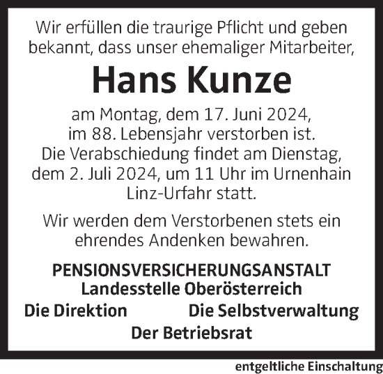 Traueranzeige von Hans Kunze von OÖNachrichten