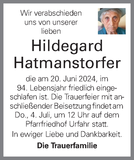 Traueranzeige von Hildegard Hatmanstorfer von OÖNachrichten
