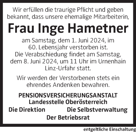 Traueranzeige von Inge Hametner von OÖNachrichten