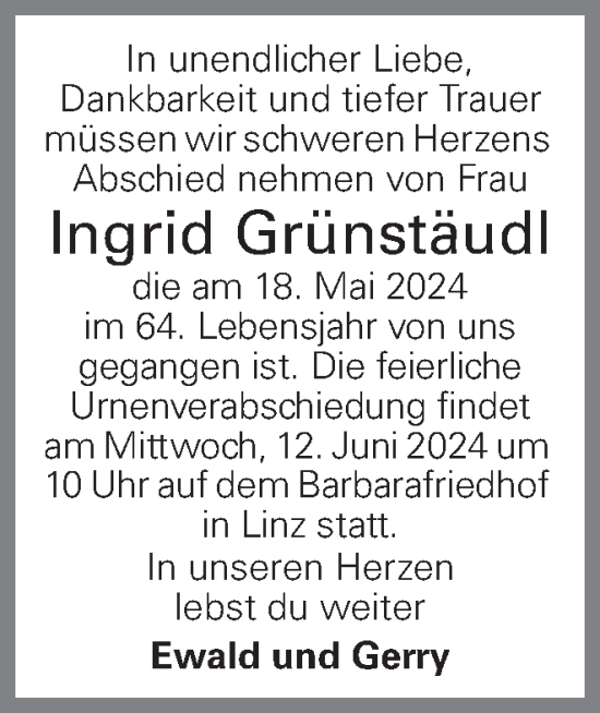 Traueranzeige von Ingrid Grünstäudl von OÖNachrichten