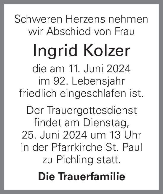Traueranzeige von Ingrid Kolzer von OÖNachrichten