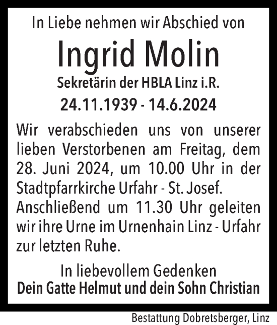 Traueranzeige von Ingrid Molin von OÖNachrichten