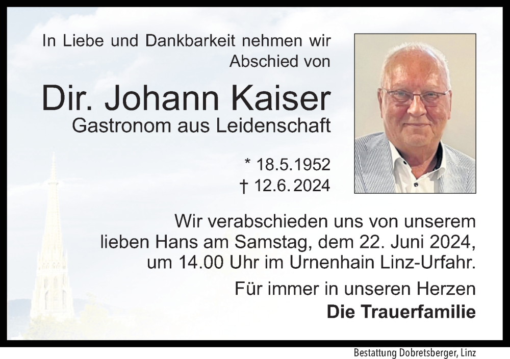  Traueranzeige für Johann Kaiser vom 14.06.2024 aus OÖNachrichten