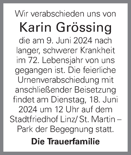 Traueranzeige von Karin Grössing von OÖNachrichten