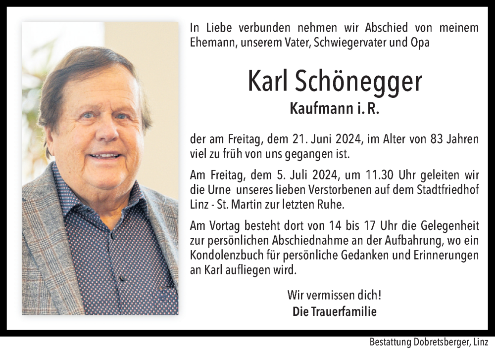  Traueranzeige für Karl Schönegger vom 28.06.2024 aus OÖNachrichten