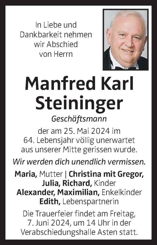 Traueranzeige von Manfred Karl Steininger von OÖNachrichten