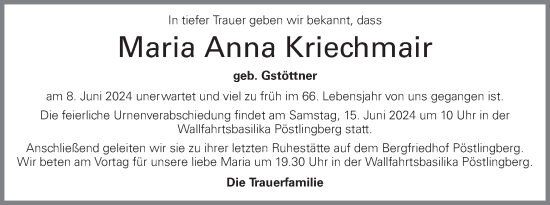Traueranzeige von Maria Anna Kriechmair von OÖNachrichten
