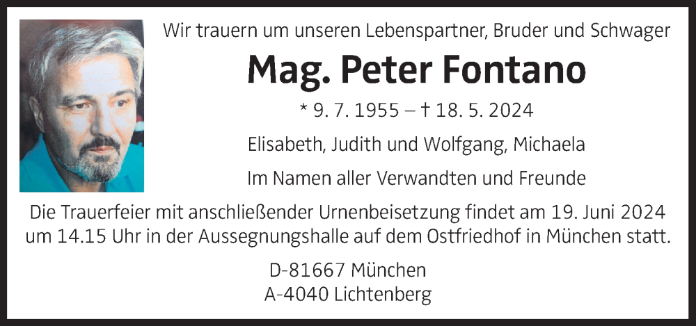  Traueranzeige für Peter Fontano vom 12.06.2024 aus OÖNachrichten