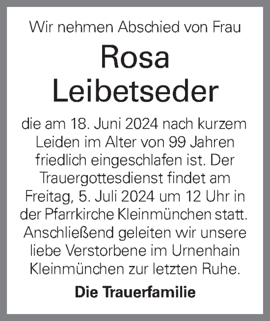 Traueranzeige von Rosa Leibetseder von OÖNachrichten