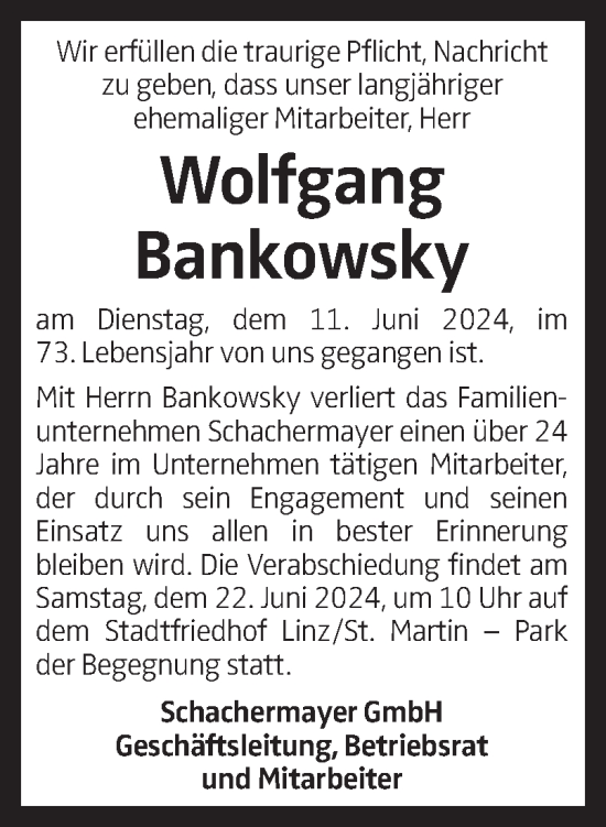 Traueranzeige von Wolfgang Bankowsky von OÖNachrichten