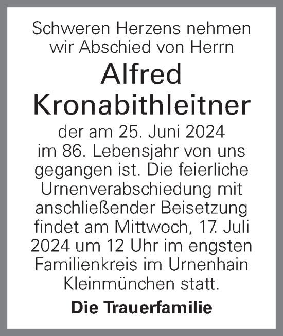 Traueranzeige von Alfred Kronabithleitner von OÖNachrichten