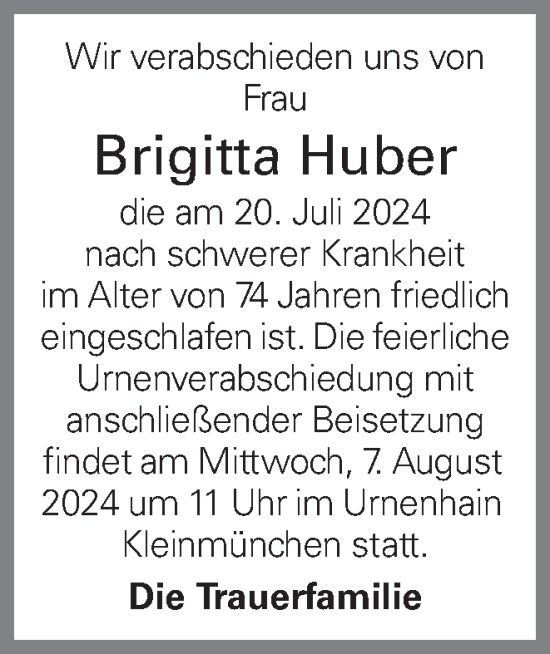 Traueranzeige von Brigitta Huber von OÖNachrichten