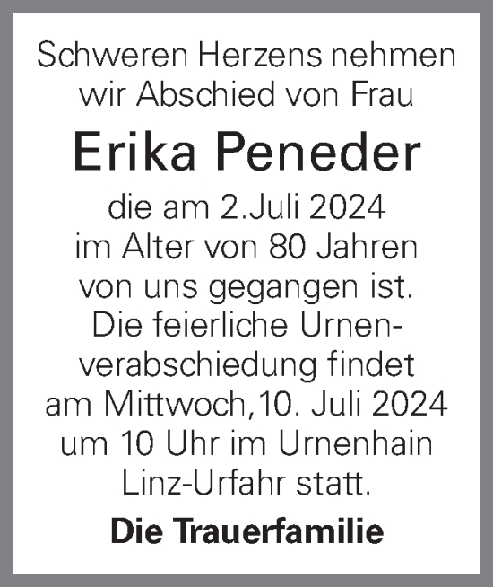 Traueranzeige von Erika Peneder von OÖNachrichten