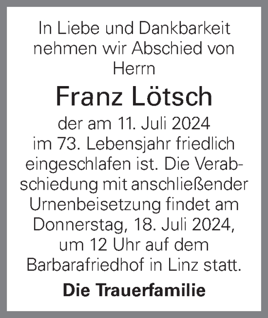 Traueranzeige von Franz Lötsch von OÖNachrichten