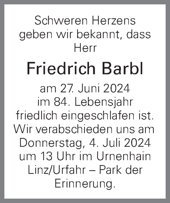 Traueranzeige von Friedrich Barbl von OÖNachrichten