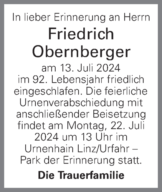 Traueranzeige von Friedrich Obernberger von OÖNachrichten