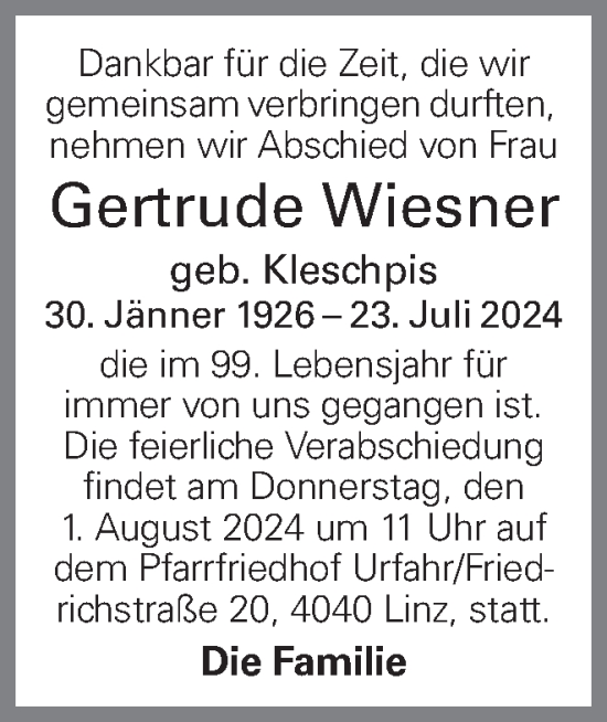 Traueranzeige von Gertrude Wiesner von OÖNachrichten
