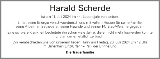 Traueranzeige von Harald Scherde von OÖNachrichten