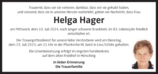 Traueranzeige von Helga Hager von OÖNachrichten