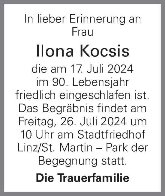 Traueranzeige von Ilona Kocsis von OÖNachrichten